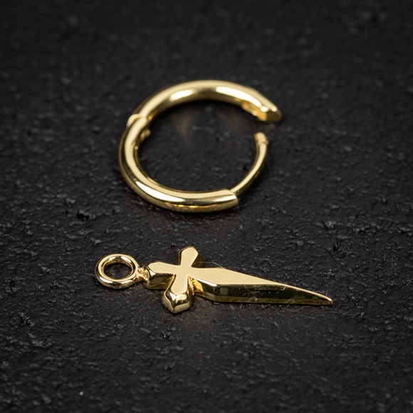Mens Solid Gold Dagger Sword Hanging Cross Huggie Sterling Silver Hoop Earrings - Picture 2 of 6